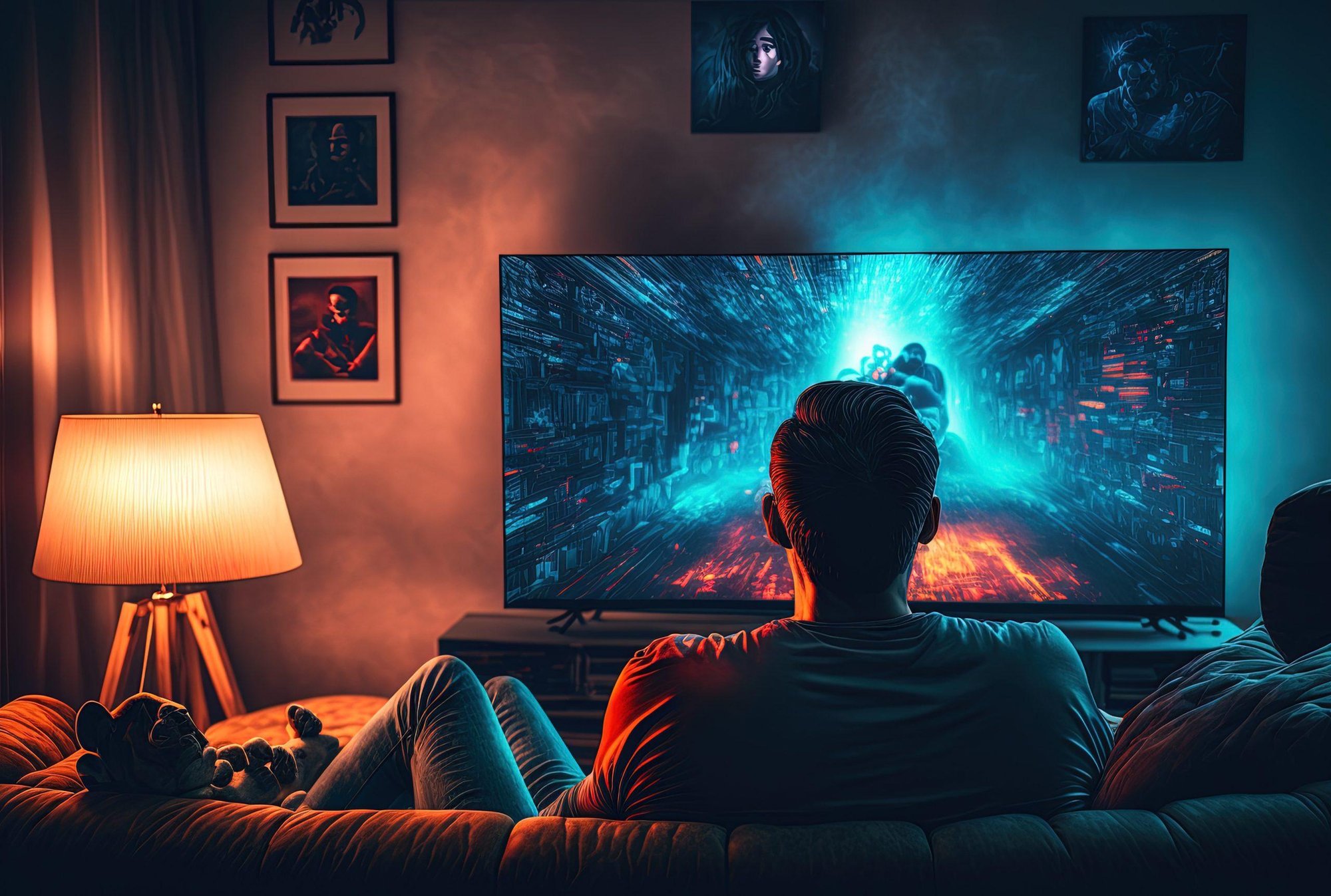 Man sitting on couch with lamp watching TV Man sitting on couch with lamp watching TV