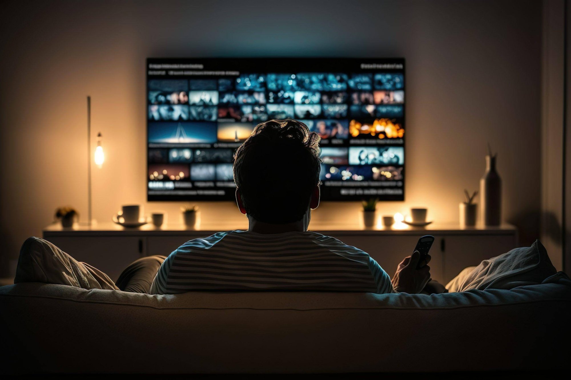 Man sitting on couch in dim room watching tv Man sitting on couch in dim room watching tv