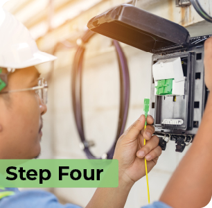 Fiber Technician installing fiber to the home. Step Four. Fiber Technician installing fiber to the home. Step Four.